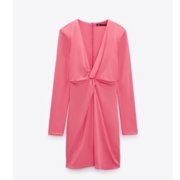 NWT ZARA Stretchy knotted Dress NEOn pink Long sleeves shoulder pads Zipper - Picture 8 of 16